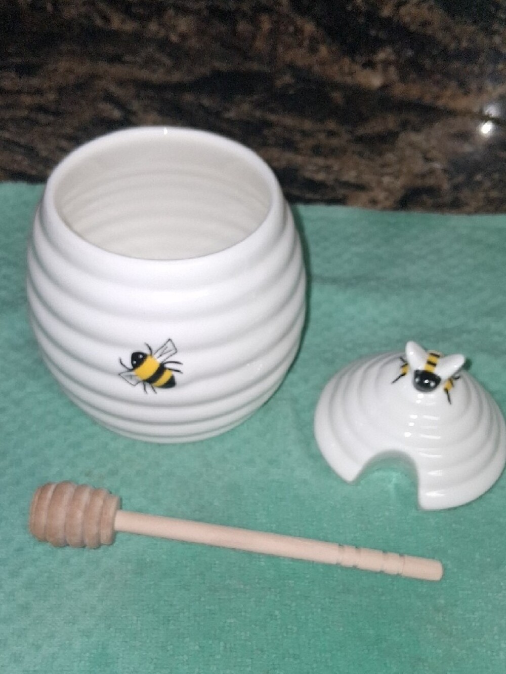 Ceramic White Bee Honey Pot with Wooden Dipper - Picture 6 of 9